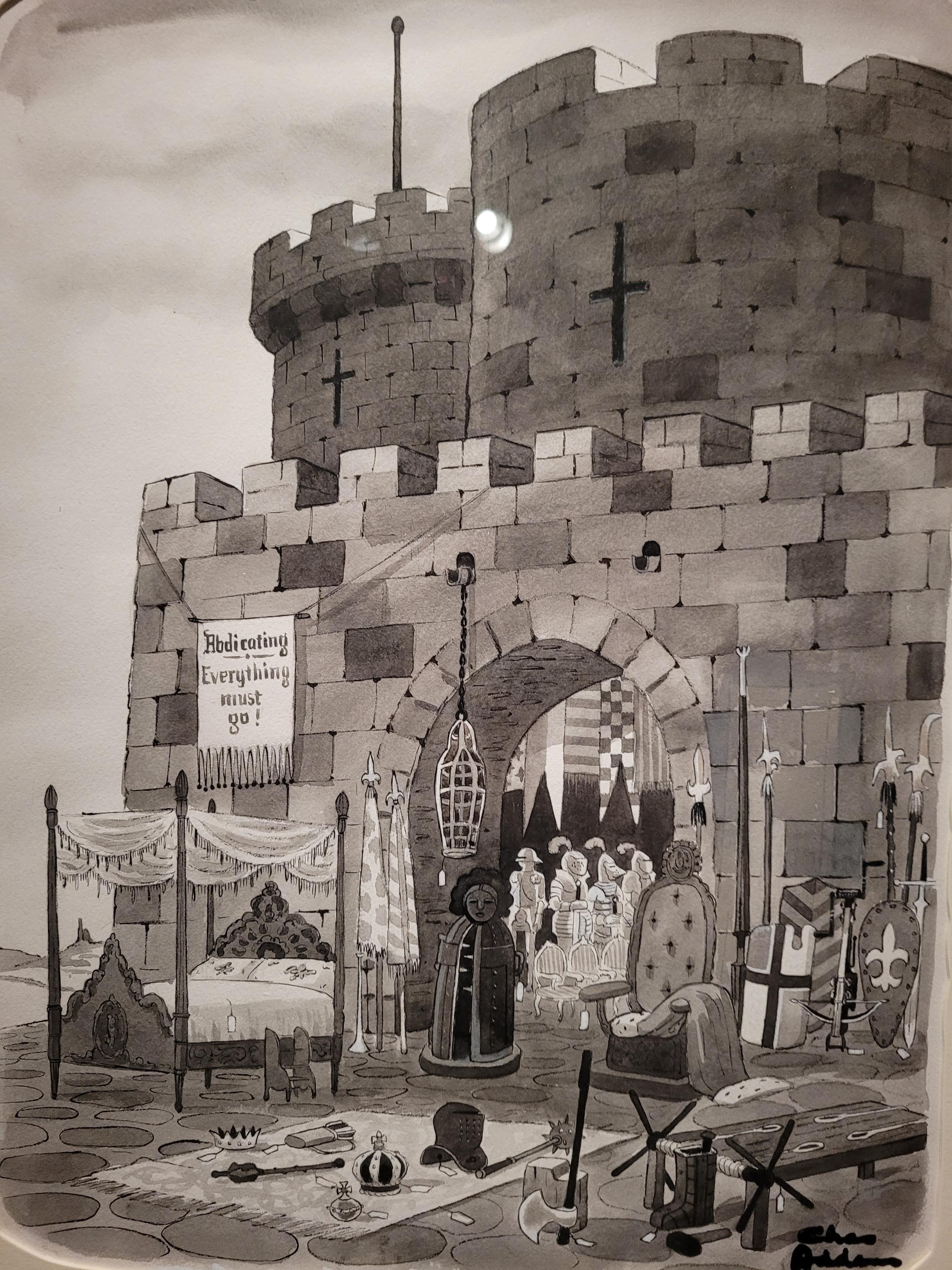 A cartoon by Charles Addams, depicting a castle with various furniture and weapons on its lawn, and a banner out front declaring: "Abdicating — Everything Must Go!"